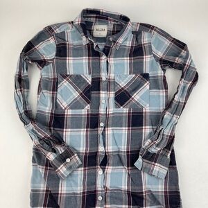 Mudd Button Up Shirt Womens XS Black Blue Plaid